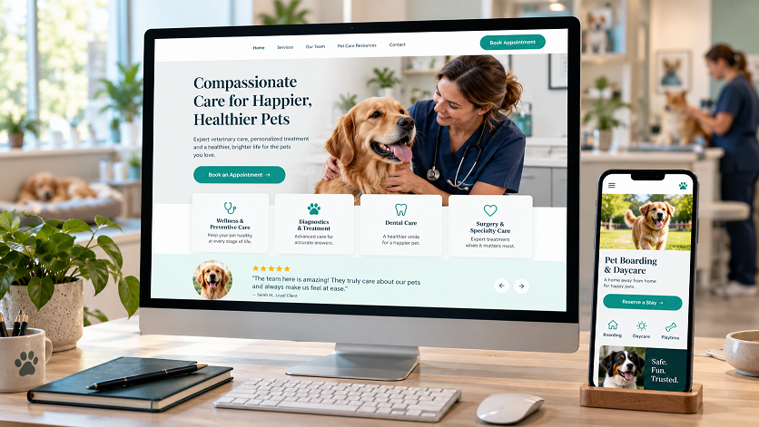 Modern Veterinary Workspace with Pet Care Websites
